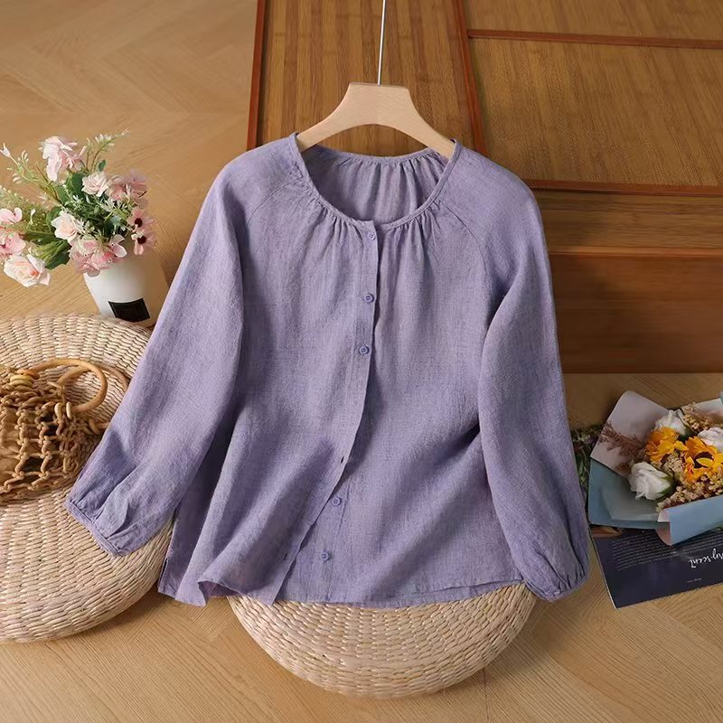 2025 High-end New Sunscreen 9-sleeve Fruit Enzyme Wash Yarn-dyed Hemp Top Women's Artistic Retro Age-reducing All-match