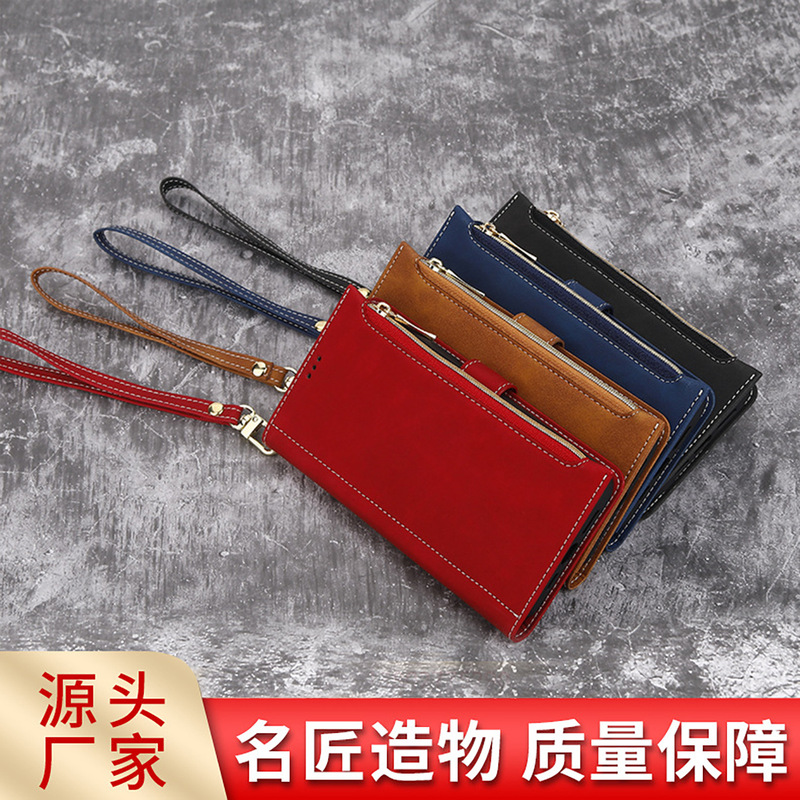 For iPhone12 skin feel wallet flip phone leather case Samsung A71 multifunctional zipper mobile phone protective case