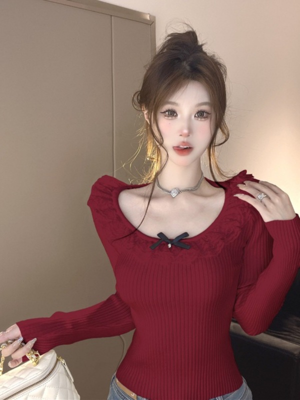 5171#秋冬法式修身短款蕾丝蝴蝶结上衣感针织打底衫女内搭|undefined