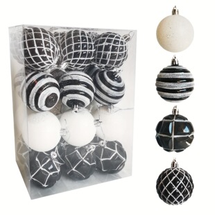 In-Stock Cross-Border 6cm 24 Pieces Black and White Painted Plaid Plastic Christmas Balls Christmas Tree Decoration Balls