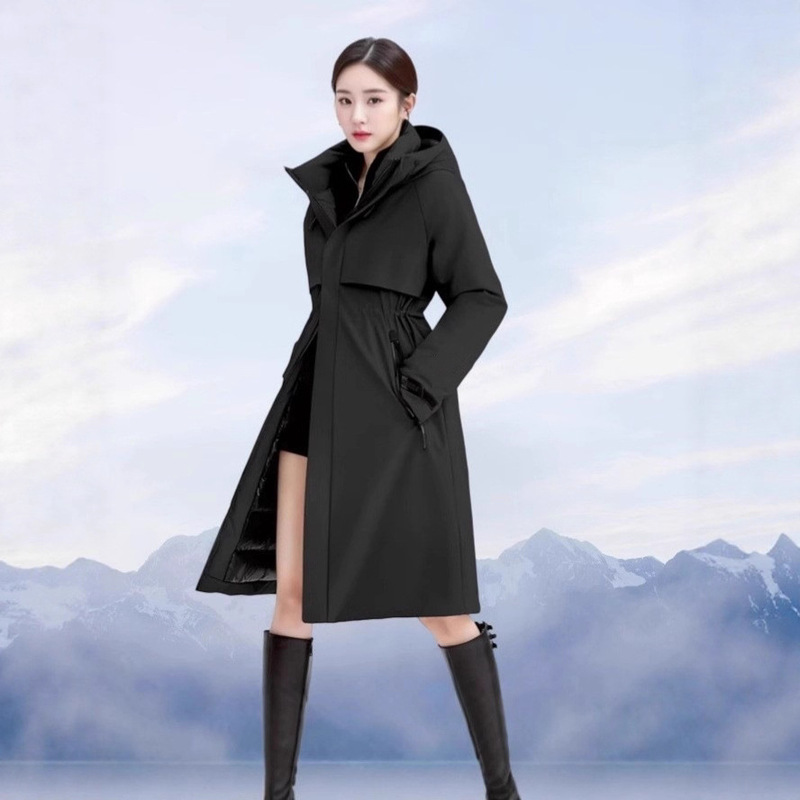 Black Gold Style Shell Extended Hooded down Jacket for Women Winter New Thickeneded Warm Jacket with Slimming Look Work Clothing Style