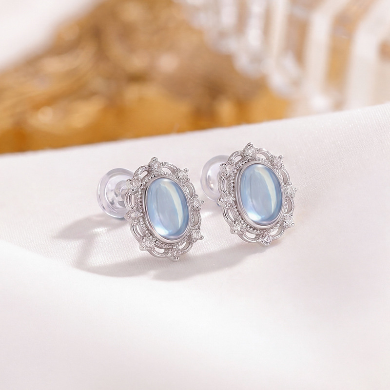 Khuyên tai bạc S925 đính đá xanh hình bầu dục phong cách đơn giản sang trọng — Cặp đôi
