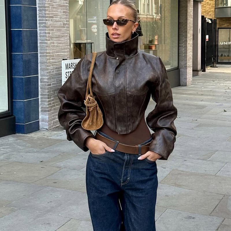 Cross-Border European and American Style 2025 Autumn and Winter New Slim Fit High Collar Pure Color Zipper Short Pu Leather Jacket Women's Clothing Cross-Border European and American Style 2025 Autumn and Winter New Slim Fit High Collar Pure Color Zipper Short Pu Leather Jacket Women's Clothing