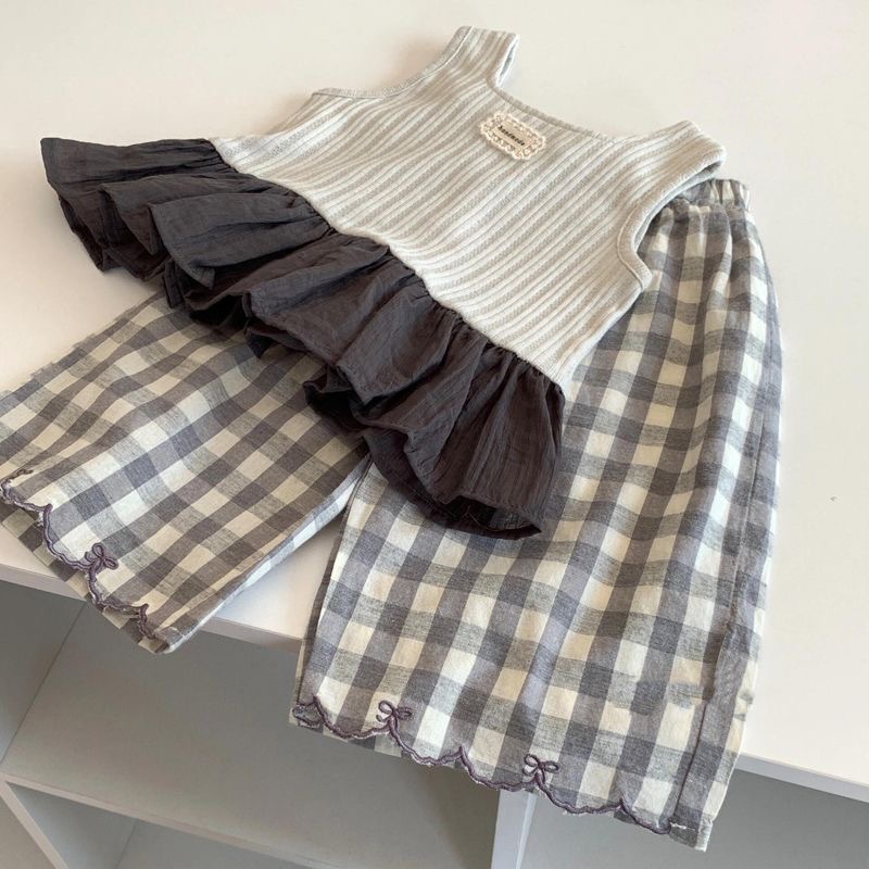 Girls Summer Suit 2025 New Style Little Girl's Style Lace Splicing Vest Kidsren's Casual Versatile Plaid Pants