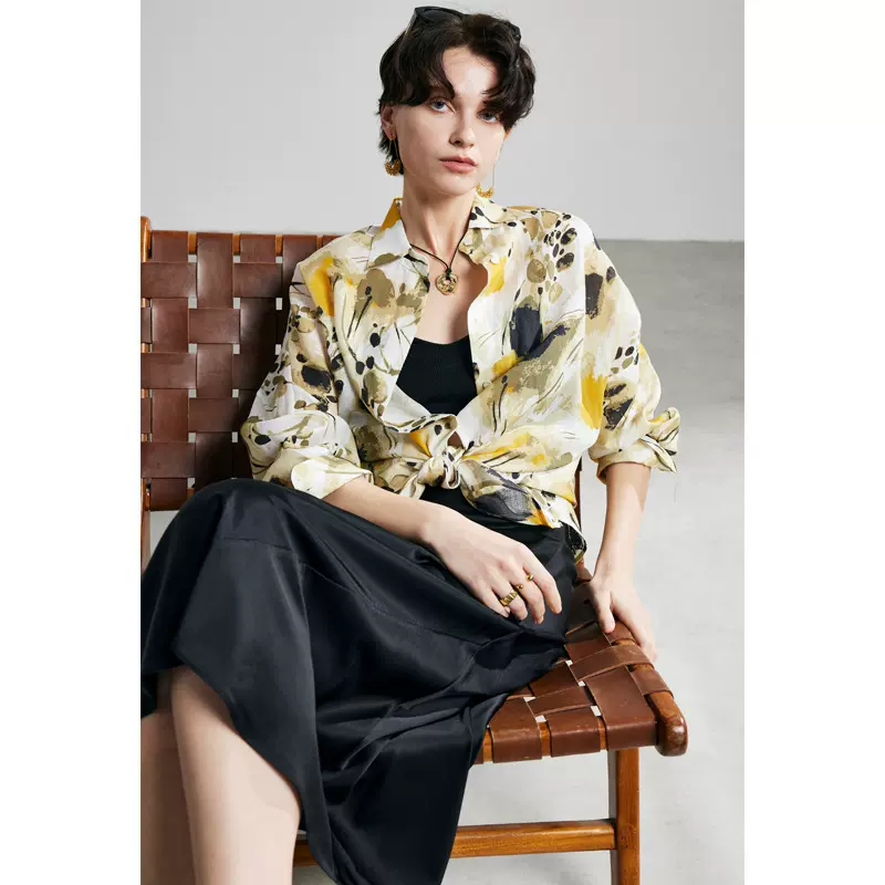 100%苎麻衬衫女2026春夏新款高级长袖减龄洋气印花翻领防晒麻衬衣