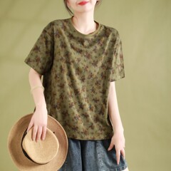 古カフェ服2024夏レトロな炒め色プリント半袖プルオーバー