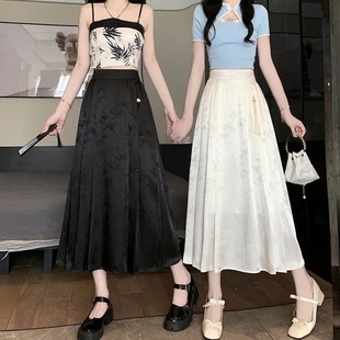 Summer long pleated skirt, Chinese style, elastic waist, mid-length