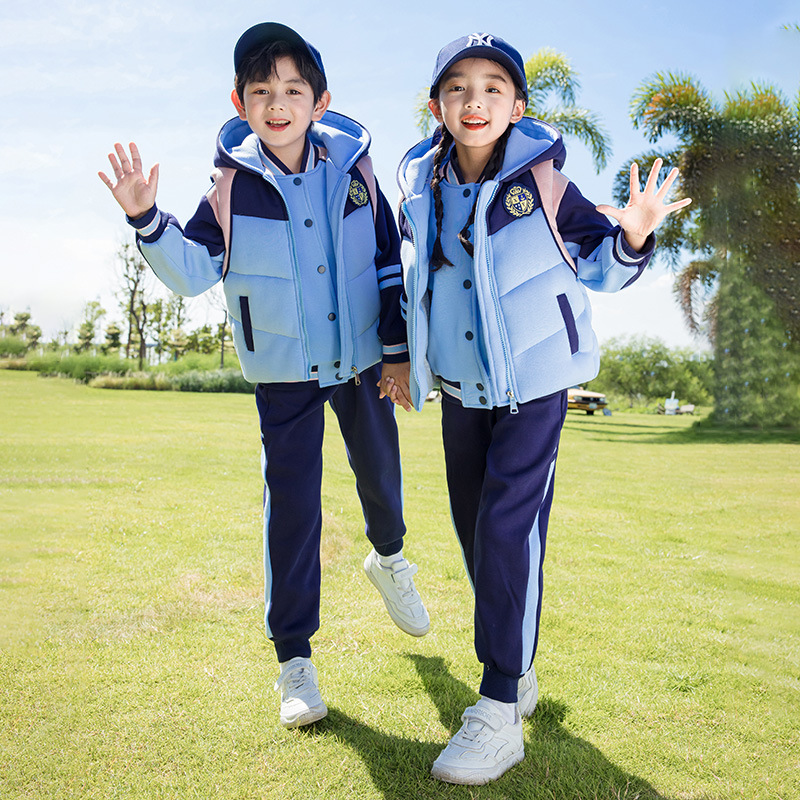 Kindergarten clothes hooded vest three-piece set kindergarten teacher 2023 autumn and winter new primary school uniform thickened warm class clothes
