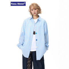 NASA卡通纽扣多巴胺格纹长袖衬衫男女同款秋季街头宽松泡泡纱衬衣