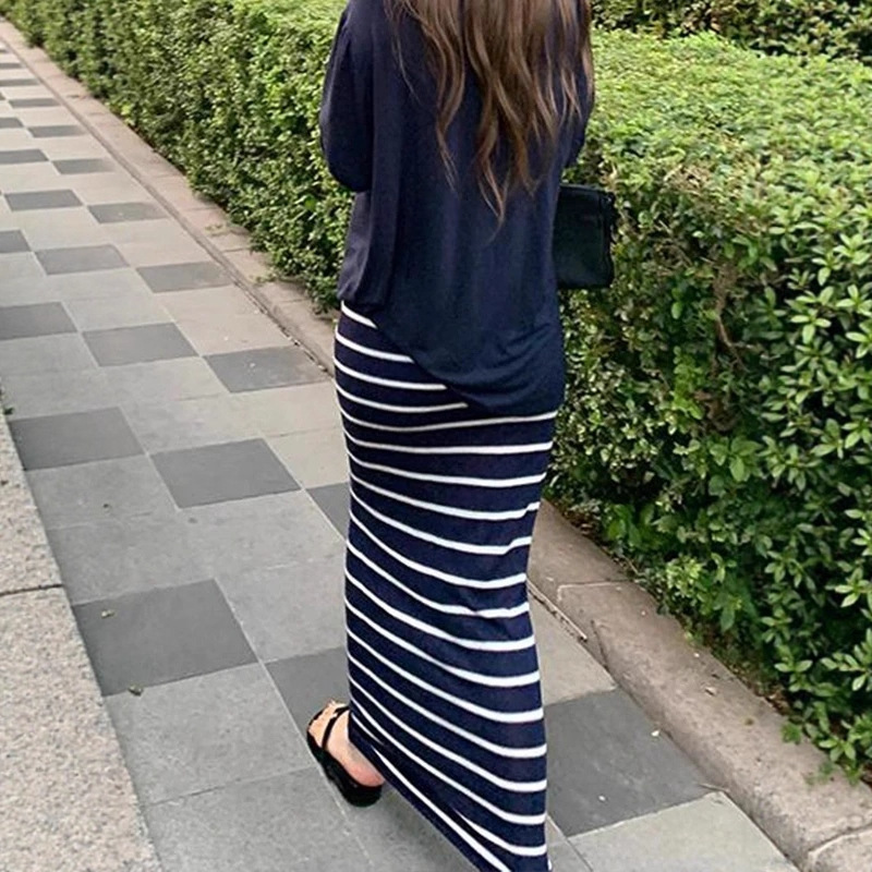 慵懒感条纹撞色休闲长裙女秋新款气质高腰修身显瘦百搭半身裙春秋|undefined