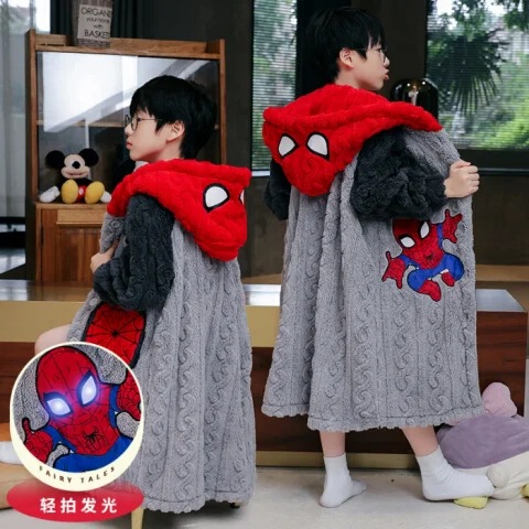 Nightgown for Boys Autumn and Winter Thickened fleece-lined Coral Fleece Long Pajamas for Girls Large Children Flannel Home Clothes suit