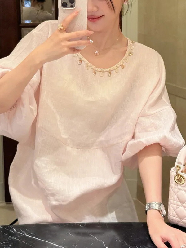 French Tenderness ~ Heavy Shell Embroider Palace Style Linen Summer Short-Sleeved Top Embroidered Loose High-Wisdom Shirt French Tenderness ~ Heavy Shell Embroider Palace Style Linen Summer Short-Sleeved Top Embroidered Loose High-Wisdom Shirt