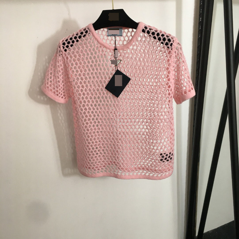 2025 Summer Nanyou Cross-border High-end Temperament New Metal Triangle Mesh Hollow Short-sleeved Sweater T-shirt