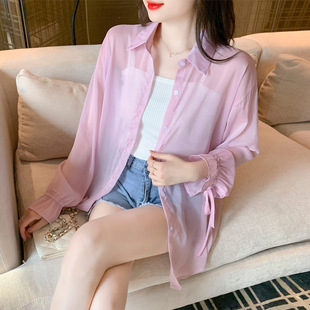 2025 Summer New Style Elegant Sweet Design Bow Lace-up Micro-transparent Sunscreen Shirt Top Chiffon Shirt for Women