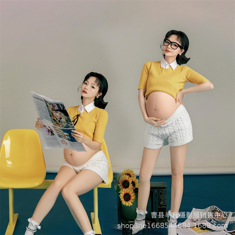 Photo Studio Pregnant Women Photo Studio Theme One-character Shoulder Yellow Photo Photo Clothing Cute Fresh Art Photo Clothing