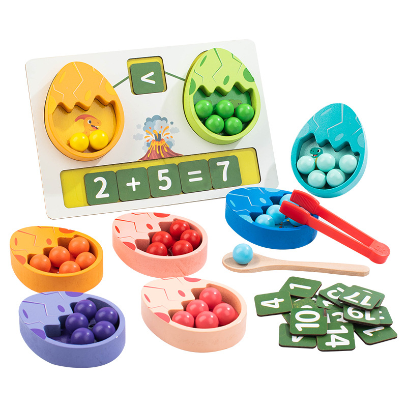 Niños de madera dinosaurio huevo abrazadera cuentas de operación digital de color emparejamiento cognitivo ejercicio mano ojo coordinación juguete de puzzle