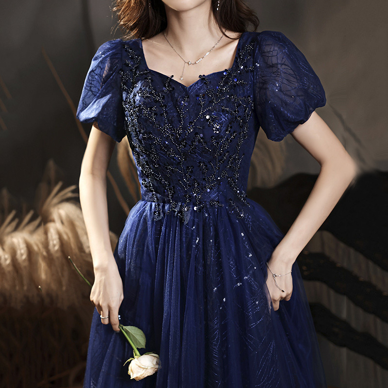 Azul banquete vestido de noche para las mujeres 2024 nueva primavera temperamento anfitrión vocal Música arte examen vestido Reunión Anual vestido