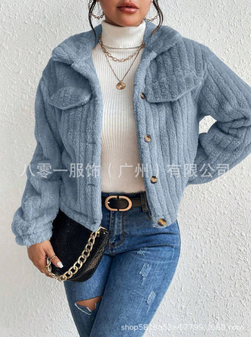 跨境速卖通秋冬毛绒夹克翻领加绒保暖时尚短装加厚女装休闲风外套|undefined