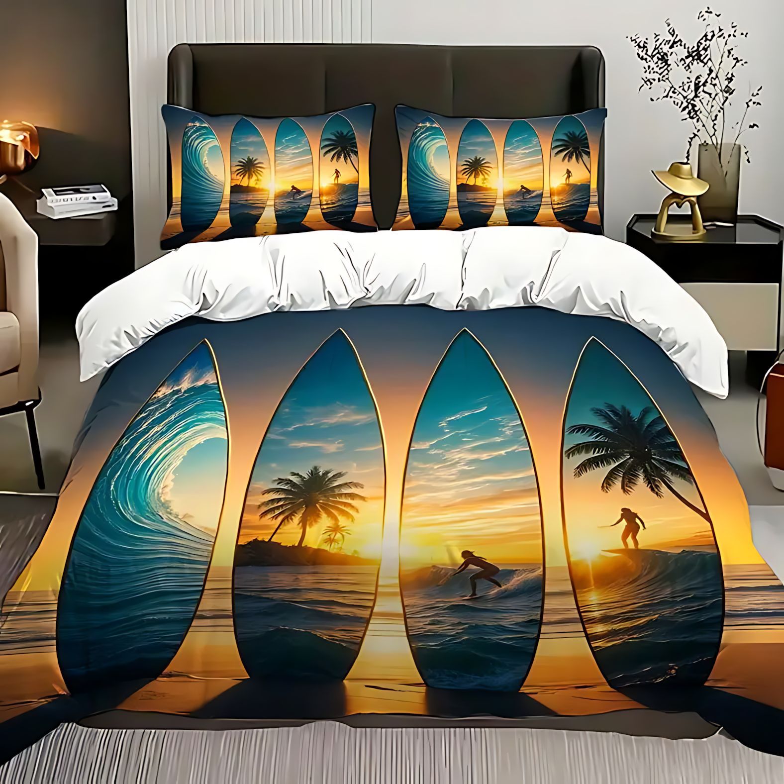 TEMU / JIT transfronterizo Sunset AFHUI impresión digital de alta definición colcha de colcha de almohada conjunto de ropa de cama para diseñar