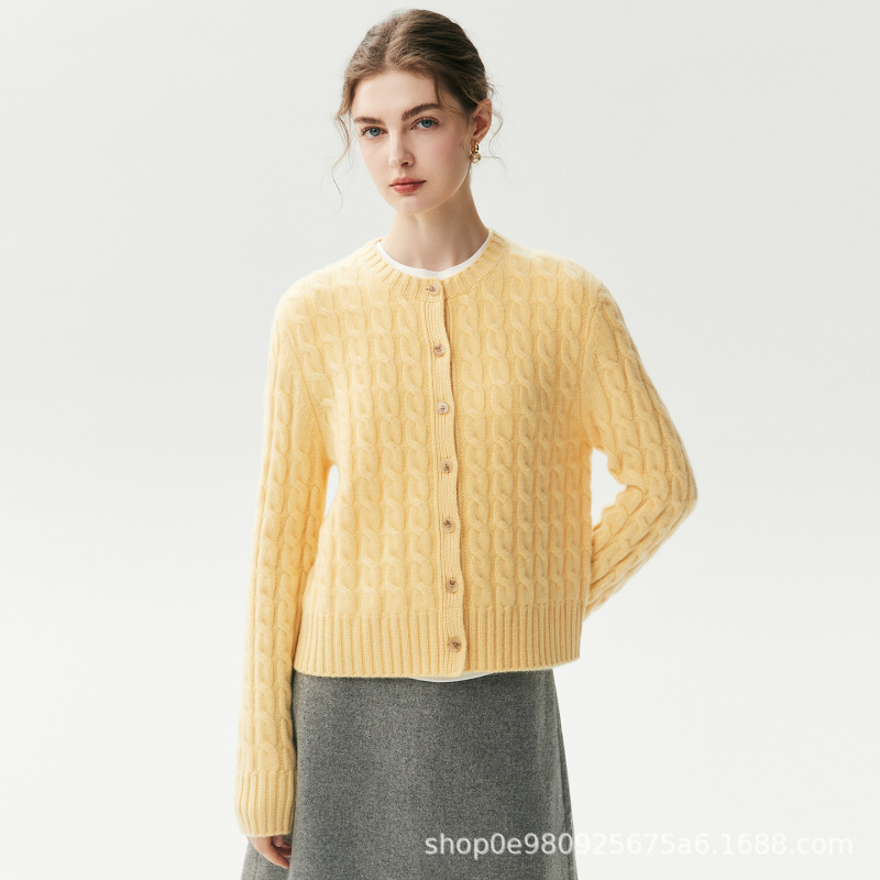 Gentle Korean-style cosplay-inspired 100% cashmere knit cardigan for women, thickened four-ply cable-knit warm sweater coat
