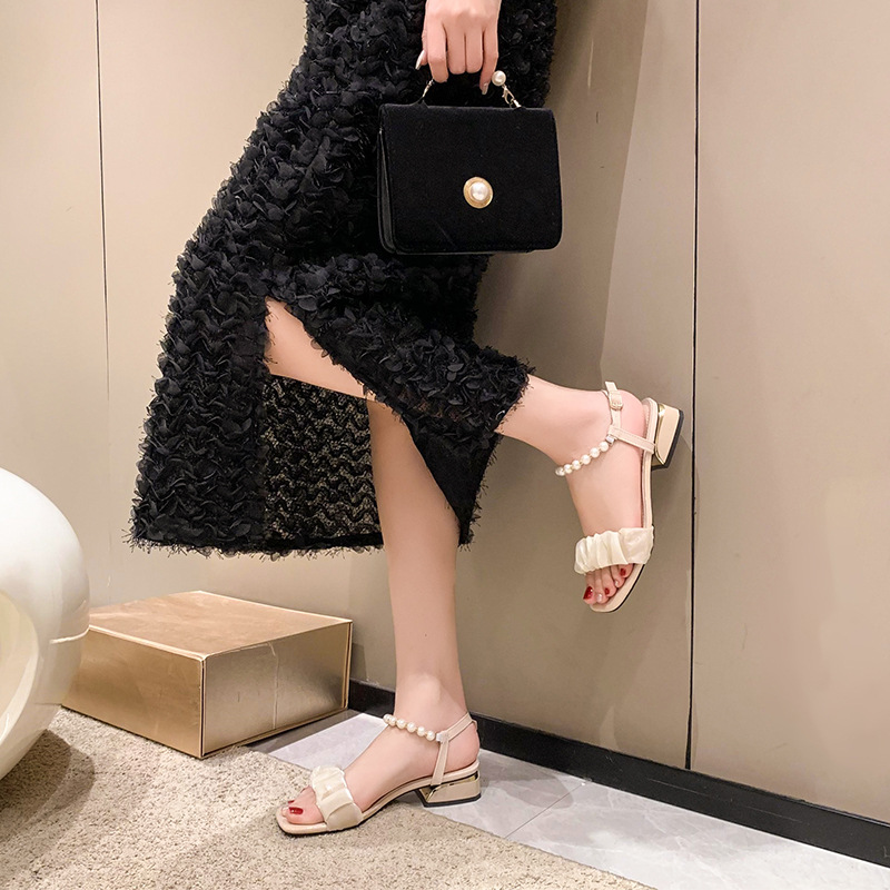 Fairy style for women in summer 2024, new pearl button up with pleated clouds, medium thick heels, square toe sandals_voghion.com