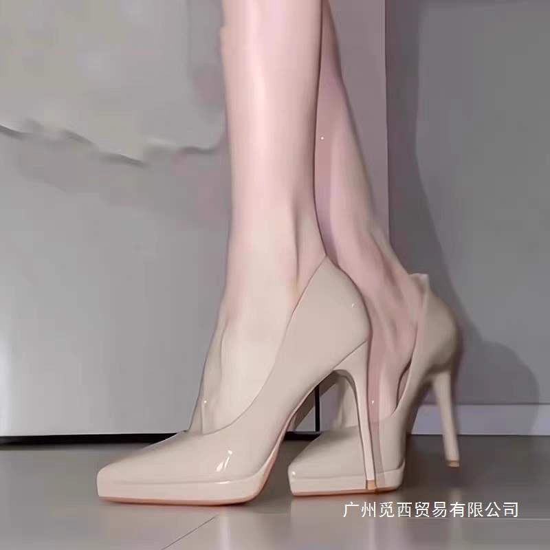 裸色防水台高跟鞋女走秀2025年新款春秋10cm漆皮礼仪细跟尖头单鞋|undefined