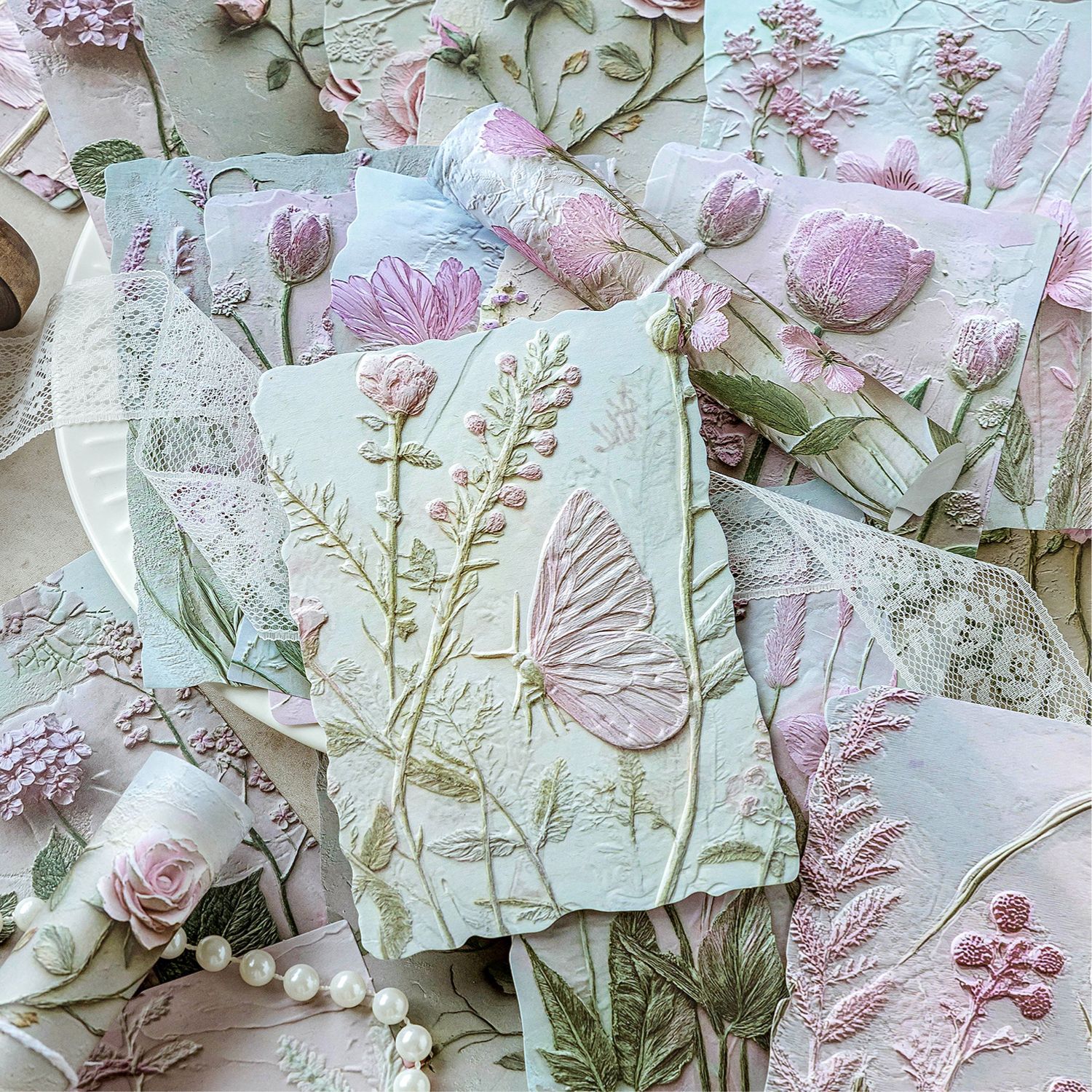 Mo Mo Double Enjoy Pai Toppan Papel de material en relieve Flor y hierba Carta de amor Luz retro Decoración de cuenta manual Papel de material base