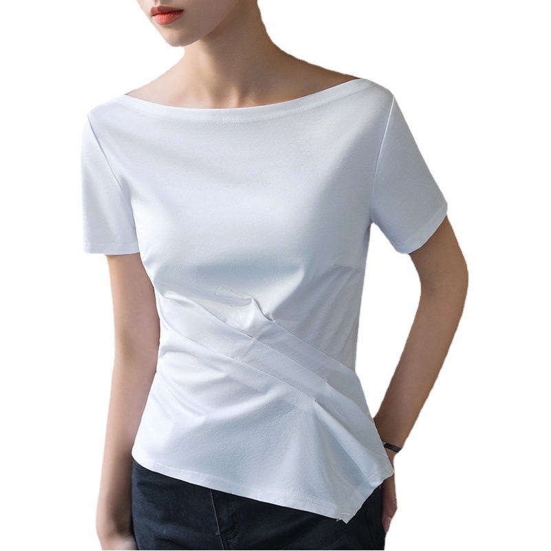 Camiseta de manga corta de algodón mercerizado de doble cara para mujer verano 2023 nueva Camiseta de algodón fuera del hombro camiseta irregular image 1
