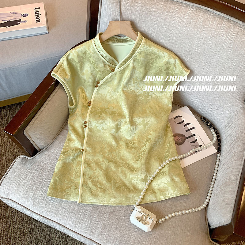 New Chinese Style Slant Leg Buckle Jacquard Sleeveless Shirt Women's 2024 Summer National Style Retro Western Style Improved Cheongsam Top