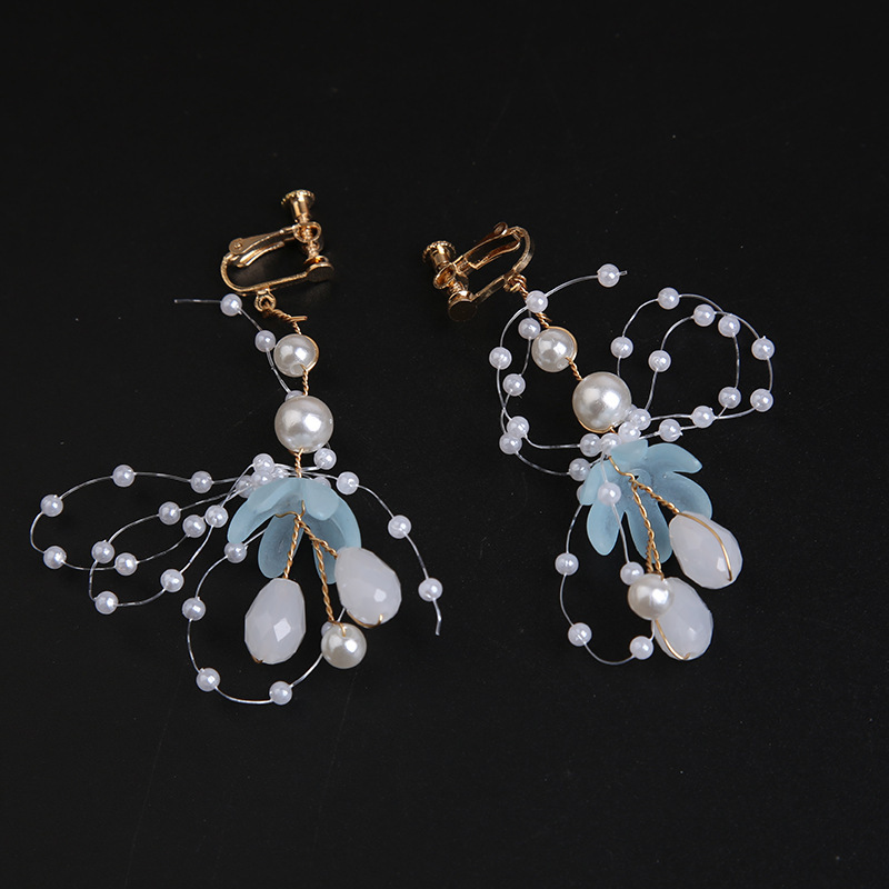 蓝色米珠耳夹1对