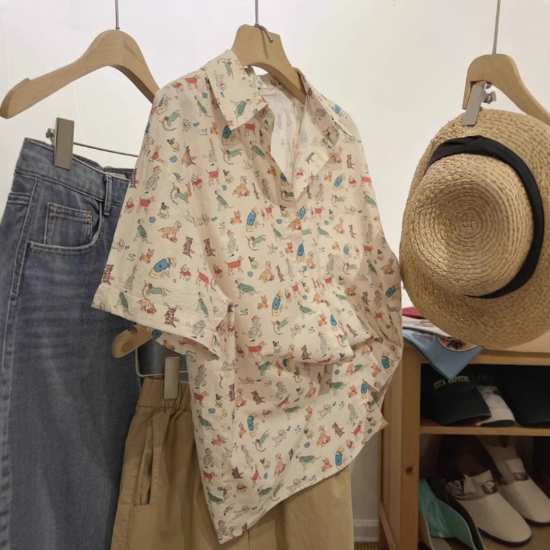 Japanese Style Hong Kong Style Cartoon Full Print Short Sleeve Shirt Women's Summer Korean Style Design Sense Niche Loose Cool Sun Protection Shirt