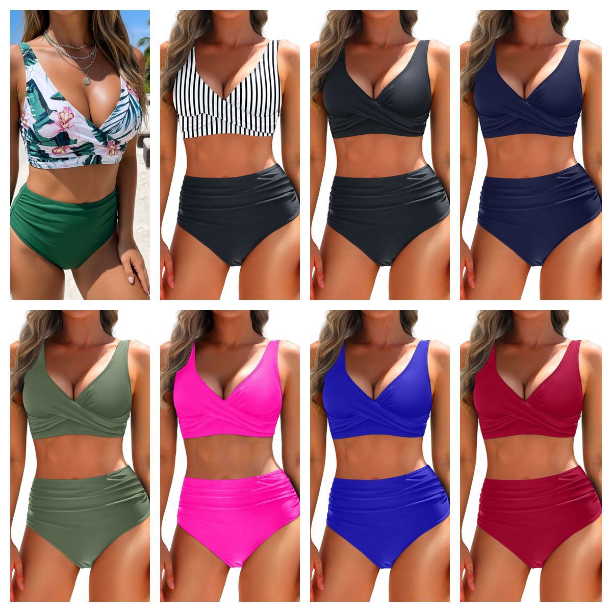 2025 European and American Foreign Trade Cross-border New Solid Color Tight Backless Pleated Gather Sexy Split Swimsuit Bikini Women
