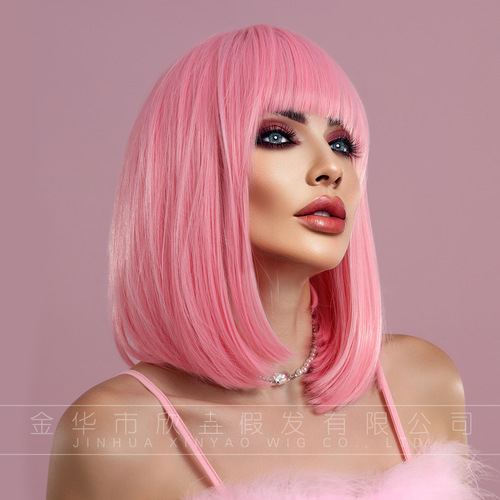 Pink Wig Short Hair 14inch European and American New Style Human Hair Wig with Bangs Wholesale