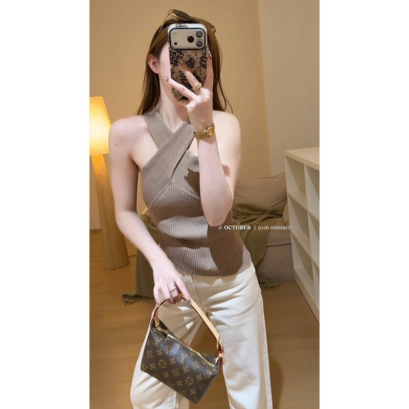 In Stock for Summer: Hot Girl Style Halter Neck Cross-Over Knit Tank Top and High-Waisted Wide-Leg Jeans Set