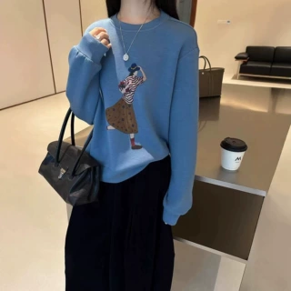 琪镌绘制长袖卫衣女秋季宽松韩系减龄休闲透气上衣潮宝蓝100812