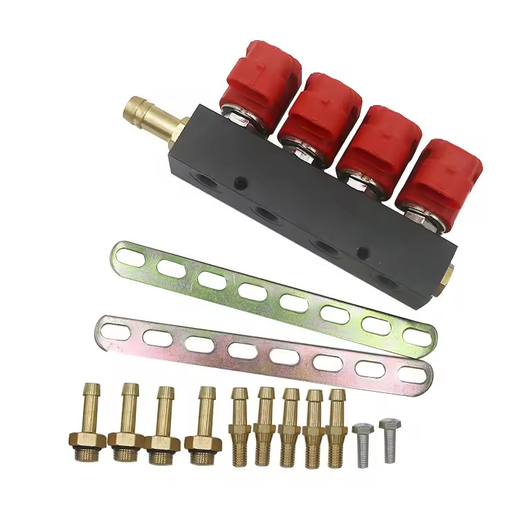 LPG/CNG four-cylinder injection unit with red coil and black rail, unmarked, oil-to-gas four-cylinder gas injection rail