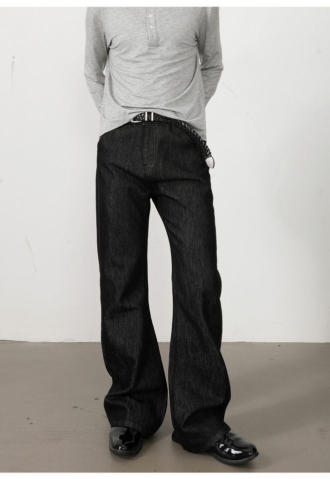 Quần jeans nam denim thô ống loe nhẹ dáng rộng có thêu — Denim đen chi tiết 10