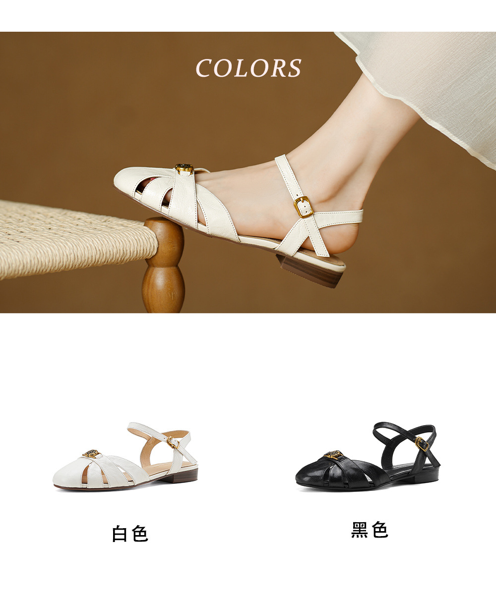 Sandal nữ bít mũi da cừu quai ngang hoa trà đế thấp — Màu đen chi tiết 5