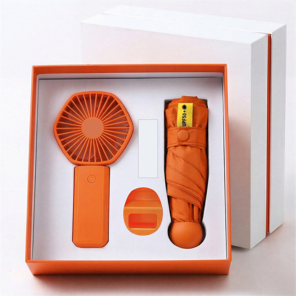 Set de regalo con mini ventilador USB recargable, paraguas, taza de agua, logotipo, regalo promocional empresarial para días festivos
