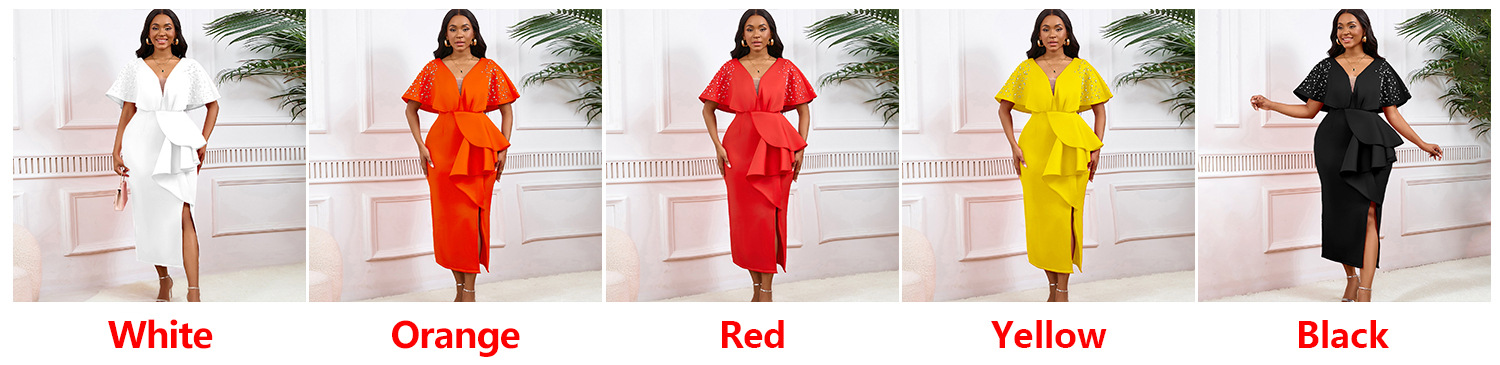 Robe de soirée sexy à col en V et à volants avec fente perlée, robe de banquet de tempérament de célébrité_voghion.com