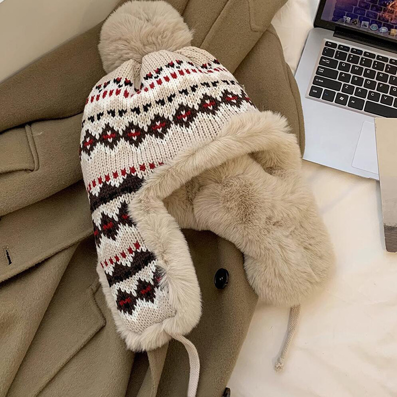 フェア島風毛糸帽子女子秋冬レトロ百合大頭囲保温ニット帽子顔小耳保護帽子