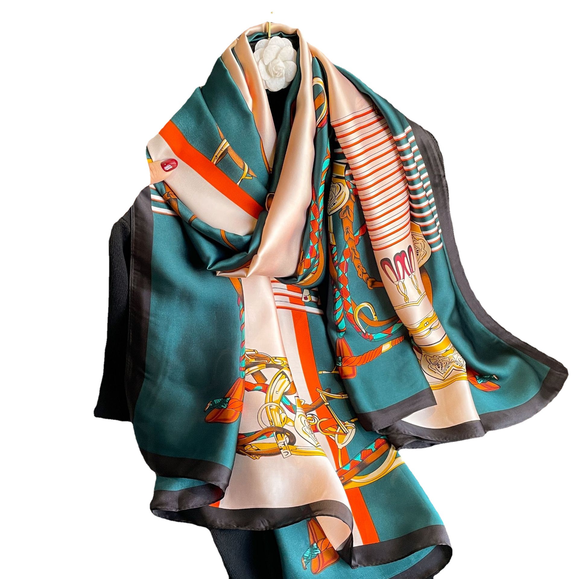 2023 nueva cadena de bufanda de seda artificial para mujer de primavera y verano chal de protección solar Toalla de playa Lijing bufanda de satén bufanda grande