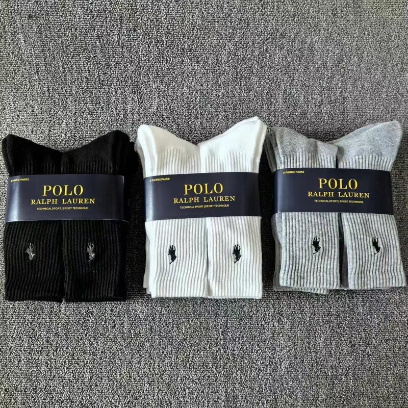 Six-pair set of export socks with towel bottom, embroidered pony design, high and mid-calf length, thickened, semi-terry, Ralph Lauren sports socks