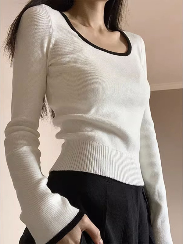 设计感小众正肩长袖上衣恤女春秋季薄款修身白色内搭针织打底衫|undefined
