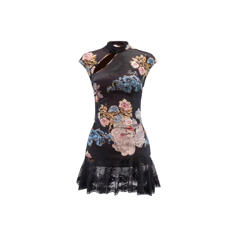 Cross-Border New Chinese-Style Improved Cheongsam Dress, Mature Lady Style, Lace Splicing, Hip-Hugging Short Skirt, National Style Koi Print Dress Cross-Border New Chinese-Style Improved Cheongsam Dress, Mature Lady Style, Lace Splicing, Hip-Hugging Short Skirt, National Style Koi Print Dress
