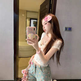 绝美碎花u领蕾丝花边短袖t恤女夏季短款纯欲修身显瘦正肩辣妹上衣