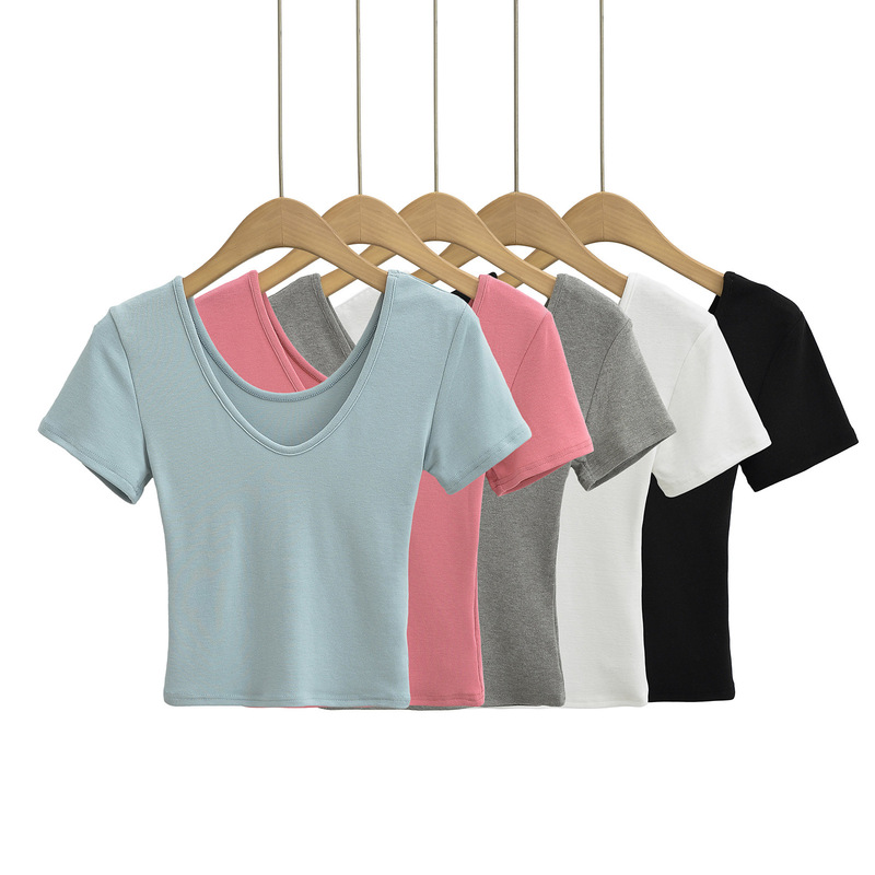 FS447-24 Spring New European and American Style INS Blogger Soft Waxy Shoulder V-Neck Short-Sleeved Slim-Fit Bottoming T-Shirt FS447-24 Spring New European and American Style INS Blogger Soft Waxy Shoulder V-Neck Short-Sleeved Slim-Fit Bottoming T-Shirt
