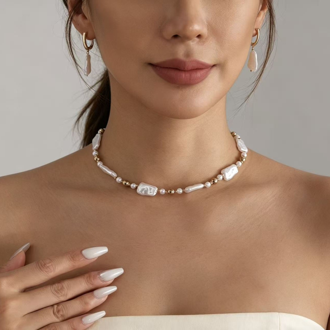 New European and American Cross-Border Jewelry Flat Pearl Ccb Splicing Style Necklace Fashionable Versatile Niche Design Necklace