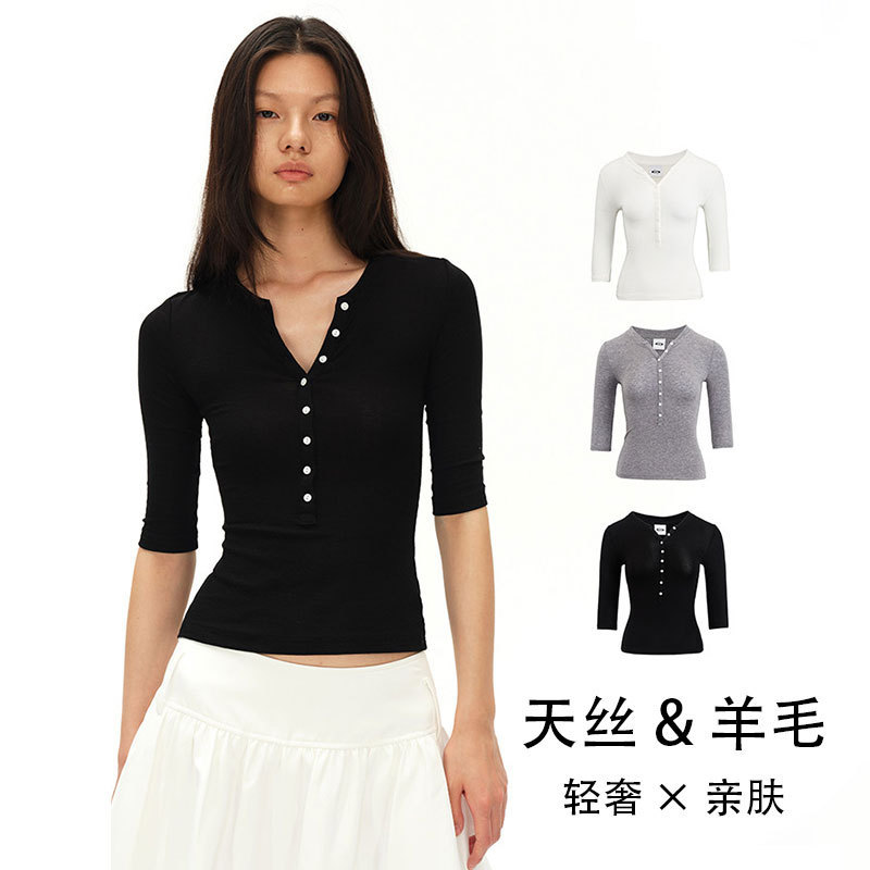Tencel Wool American-Style Design Henley Collar Short-Sleeve T-Shirt for Women, Five-Quarter Sleeve, Slim-Fit Base Shirt for Spring