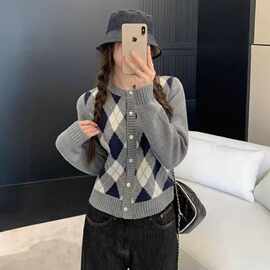 复古学院风菱格灰色毛衣开衫外套女韩系慵懒风百搭针织短上衣